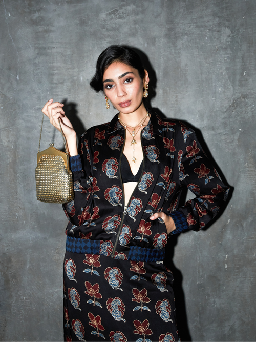 Beast Bomber at Kamakhyaa by Anushé Pirani. This item is Bloom After Dark by Anushe Pirani, Midnight Blueprint, Tops & Shirts, Under $50, Woman co-ord sets, Womenswear