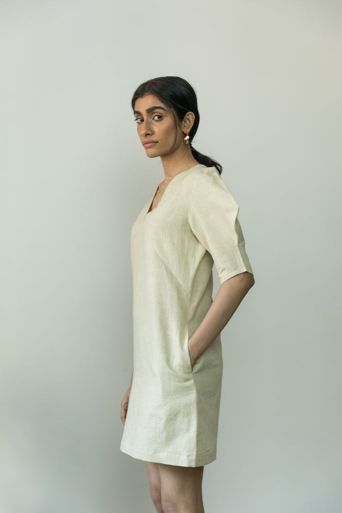 Beige Casual Mini Dress at kamakhyaa.com by Anushé Pirani. This item is Beige, Casual Wear, Console Collection List, Cotton, Handwoven, Hemp, Mini Dresses, Paris, Regular Fit, Shibumi by Anushe Pirani, Solids, Womenswear