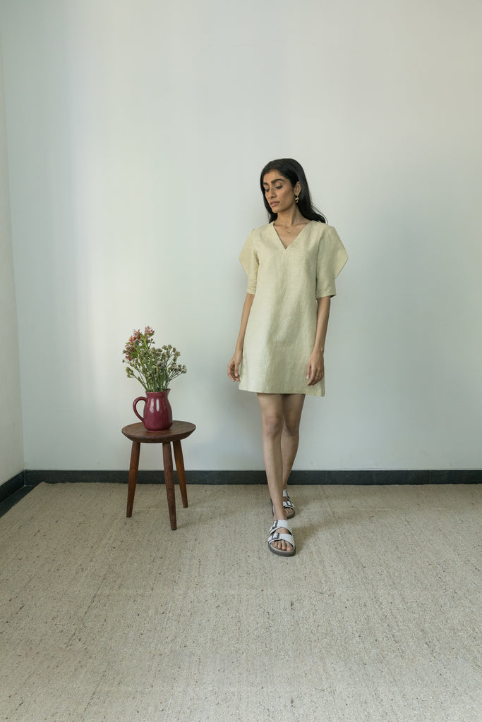 Beige Casual Mini Dress at kamakhyaa.com by Anushé Pirani. This item is Beige, Casual Wear, Console Collection List, Cotton, Handwoven, Hemp, Mini Dresses, Paris, Regular Fit, Shibumi by Anushe Pirani, Solids, Womenswear