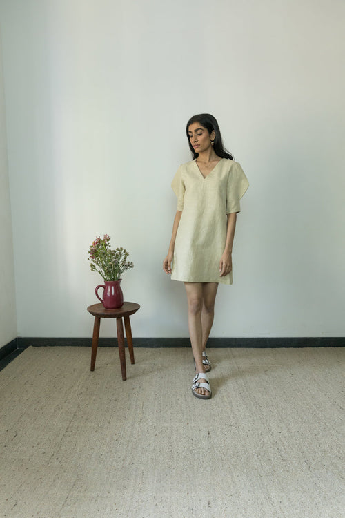 Beige Casual Mini Dress at kamakhyaa.com by Anushé Pirani. This item is Beige, Casual Wear, Console Collection List, Cotton, Handwoven, Hemp, Mini Dresses, Paris, Regular Fit, Shibumi by Anushe Pirani, Solids, Womenswear