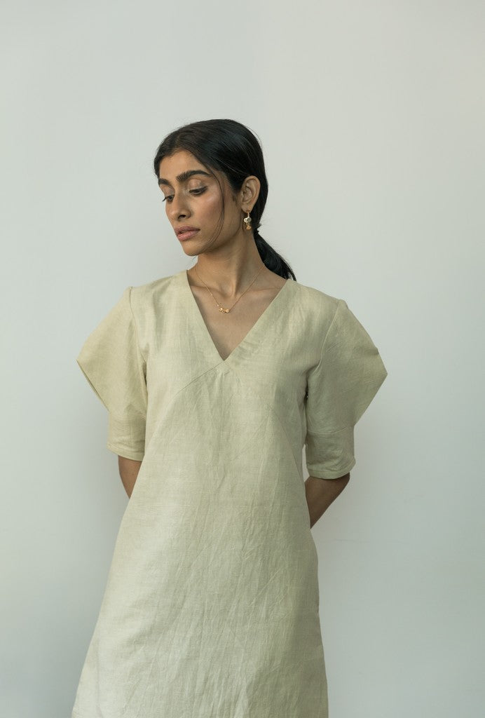 Beige Casual Mini Dress at kamakhyaa.com by Anushé Pirani. This item is Beige, Casual Wear, Console Collection List, Cotton, Handwoven, Hemp, Mini Dresses, Paris, Regular Fit, Shibumi by Anushe Pirani, Solids, Womenswear