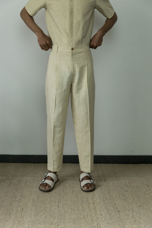Beige Casual Pants at kamakhyaa.com by Anushé Pirani. This item is Beige, Birthday Collection, Casual Wear, Console Collection List, Cotton, Cotton Hemp, For Him, Handwoven, Hemp, Men Bottoms, Men Pants, Menswear, Relaxed Fit, Review September 2025, Shibumi by Anushe Pirani, Solids