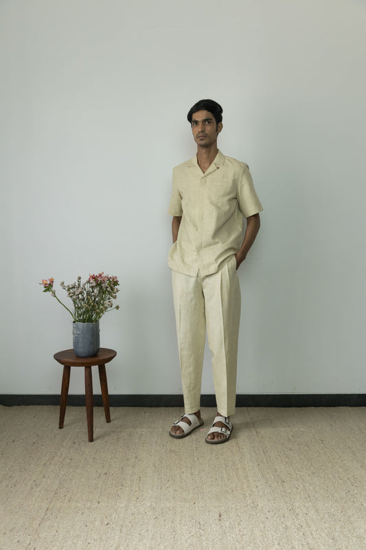 Beige Casual Pants at Kamakhyaa by Anushé Pirani. This item is Beige, Casual Wear, Cotton, Cotton Hemp, For Him, Handwoven, Hemp, Mens Bottom, Menswear, Pants, Relaxed Fit, Shibumi Collection, Solids