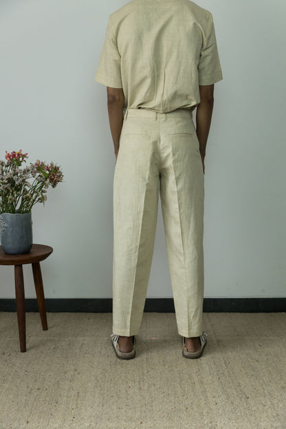 Beige Casual Pants at Kamakhyaa by Anushé Pirani. This item is Beige, Casual Wear, Cotton, Cotton Hemp, For Him, Handwoven, Hemp, Mens Bottom, Menswear, Pants, Relaxed Fit, Shibumi Collection, Solids