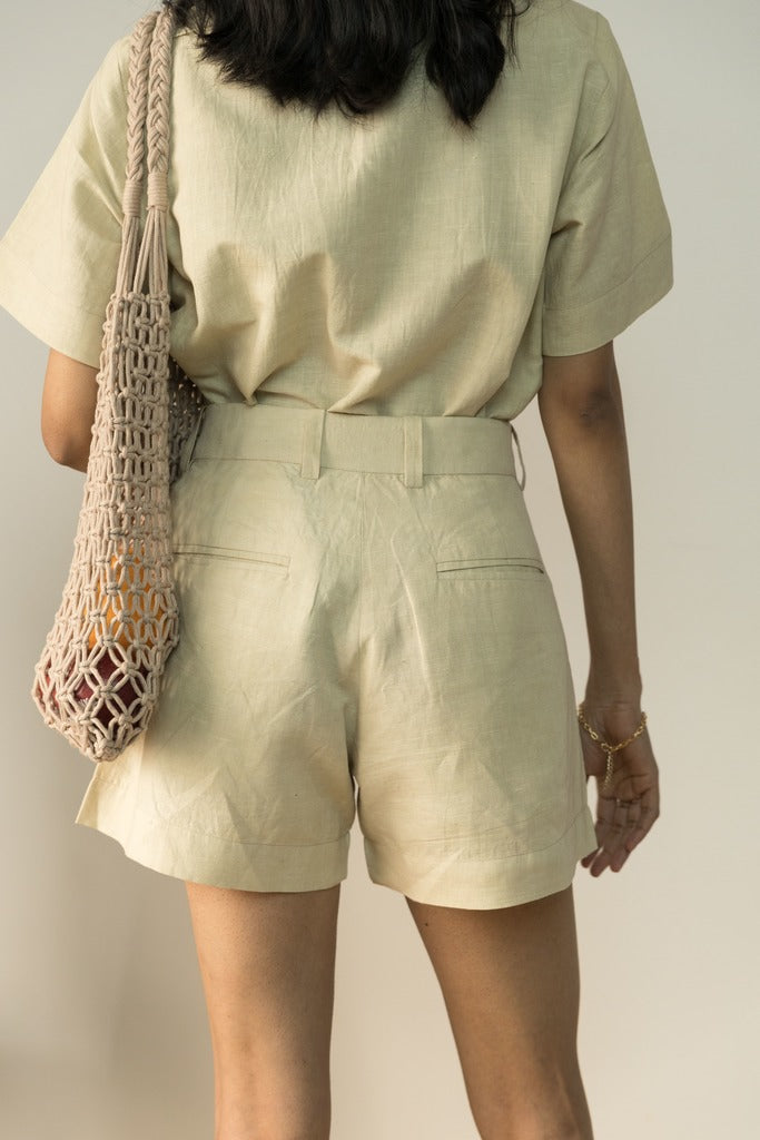 Beige Casual Short by Anushé Pirani with Beige, Casual Wear, Cotton, Cotton Hemp, Handwoven, Hemp, Regular Fit, Shibumi Collection, Shorts, Solids, Womenswear at Kamakhyaa for sustainable fashion