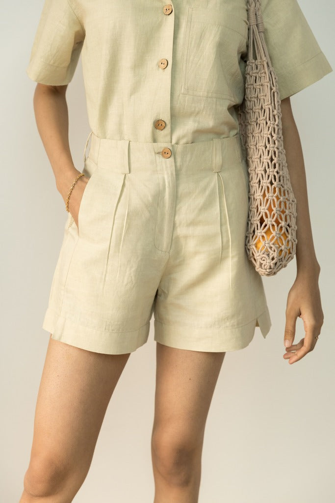 Beige Casual Short by Anushé Pirani with Beige, Casual Wear, Cotton, Cotton Hemp, Handwoven, Hemp, Regular Fit, Shibumi Collection, Shorts, Solids, Womenswear at Kamakhyaa for sustainable fashion