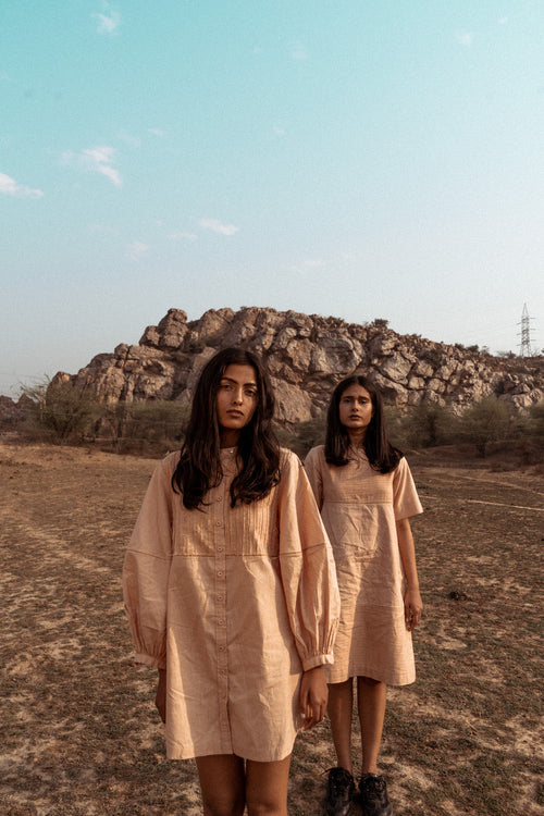 Beige Cotton Midi Dress at Kamakhyaa by Ahmev. This item is Broken Brook by Ahmev, Brown, Casual Wear, Fall, Handloom Cotton, July Sale, July Sale 2023, Mini Dresses, Natural, Office Wear, Relaxed Fit, Shirt Dresses, Shirts, Solids, Womenswear