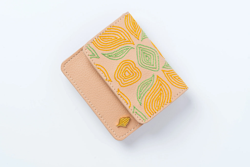 Beige Embroidered Cardholder at Kamakhyaa by Green Hermitage. This item is Banjara Embroidery, Beige, Cactus Leather, Cardholders, Evening Wear, Free Size, Hemp, Lyocell, Recycled