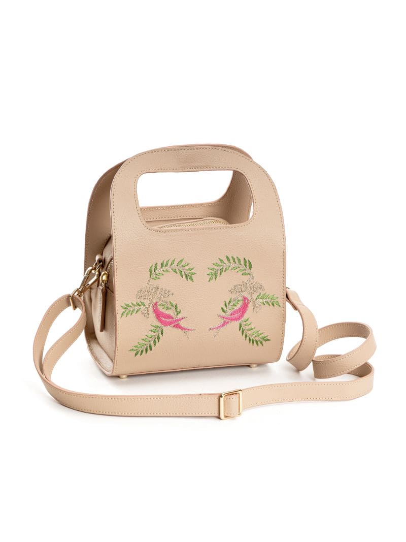 Beige Embroidered Crossbody Bag at Kamakhyaa by Green Hermitage. This item is Apple Leather, Beige, Crossbody Bags, Free Size, Hemp, Lyocell, Party Wear, Recycled, Thread Work Embroidery
