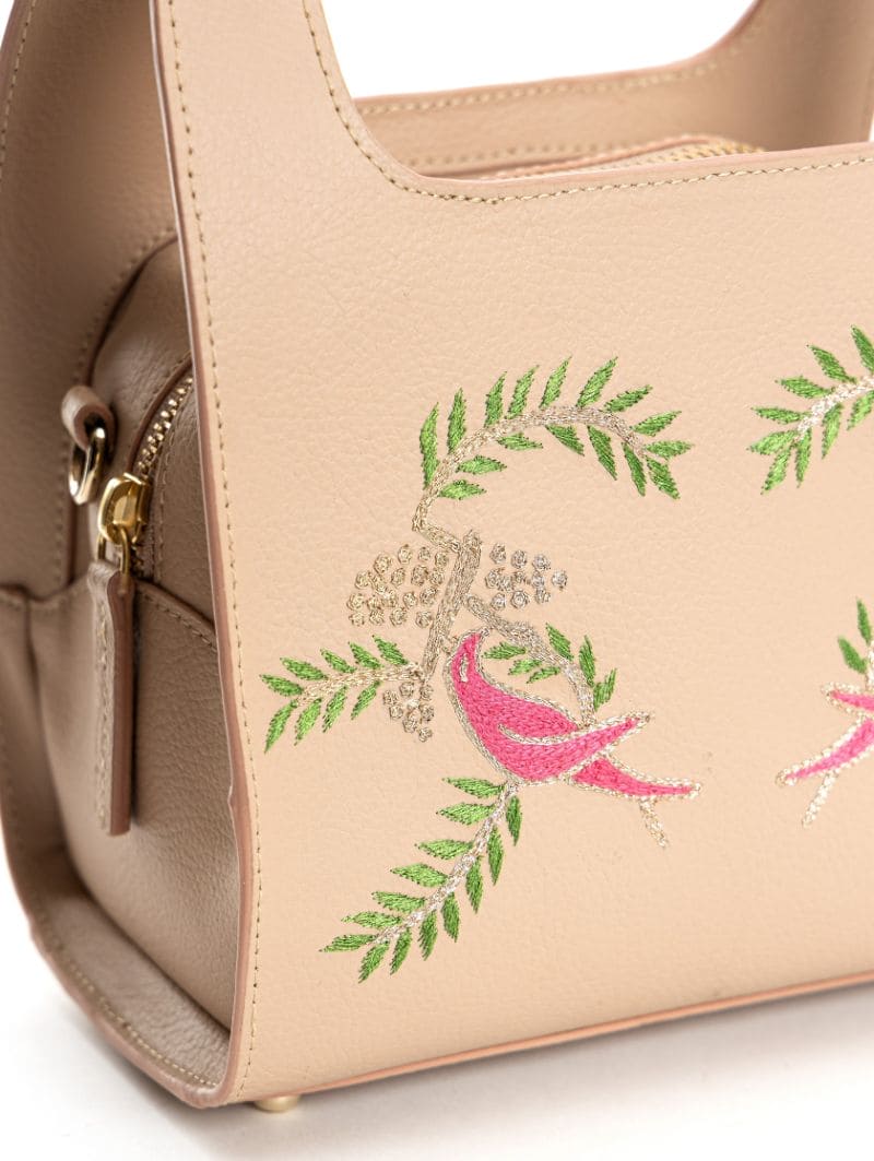 Beige Embroidered Crossbody Bag at Kamakhyaa by Green Hermitage. This item is Apple Leather, Beige, Crossbody Bags, Free Size, Hemp, Lyocell, Party Wear, Recycled, Thread Work Embroidery