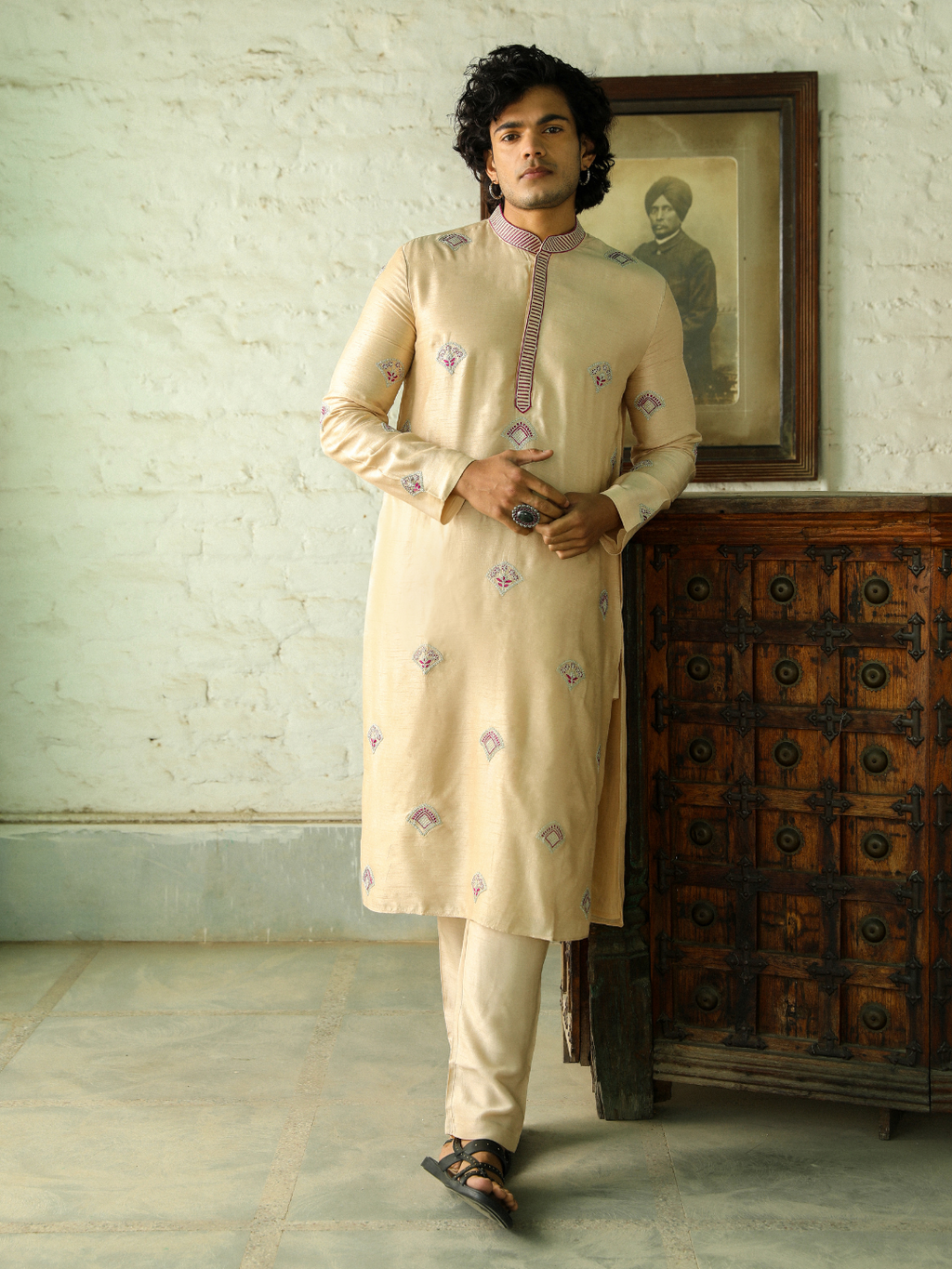 Beige Festive Wear Kurta Set at Kamakhyaa by RoohbyRidhimaa. This item is Aangan By RoohbyRidhimaa, Beige, Chinese Collar, Diwali 2024, Eid Special, Engagement, Festive Wear, Men Kurta Pant Sets, Menswear, Menswear By RoohbyRidhimaa, missing, Pants, Regular Fit, Solids, Viscose, Viscose Raw Silk, Wedding Wear