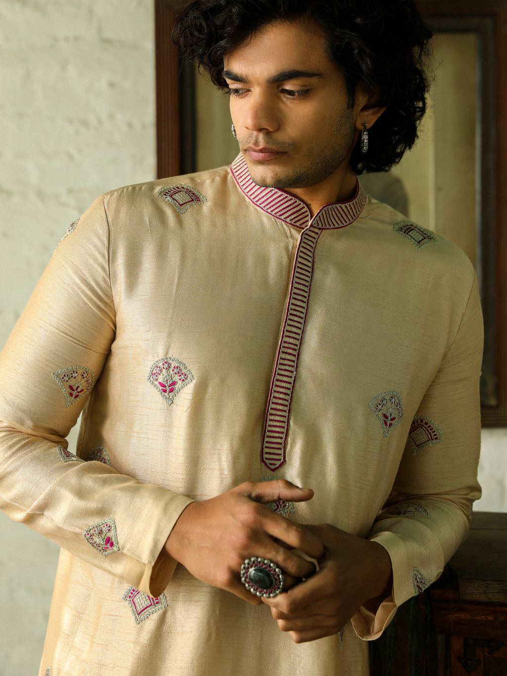 Beige Festive Wear Kurta Set at Kamakhyaa by RoohbyRidhimaa. This item is Aangan By RoohbyRidhimaa, Beige, Chinese Collar, Diwali 2024, Eid Special, Engagement, Festive Wear, Men Kurta Pant Sets, Menswear, Menswear By RoohbyRidhimaa, missing, Pants, Regular Fit, Solids, Viscose, Viscose Raw Silk, Wedding Wear