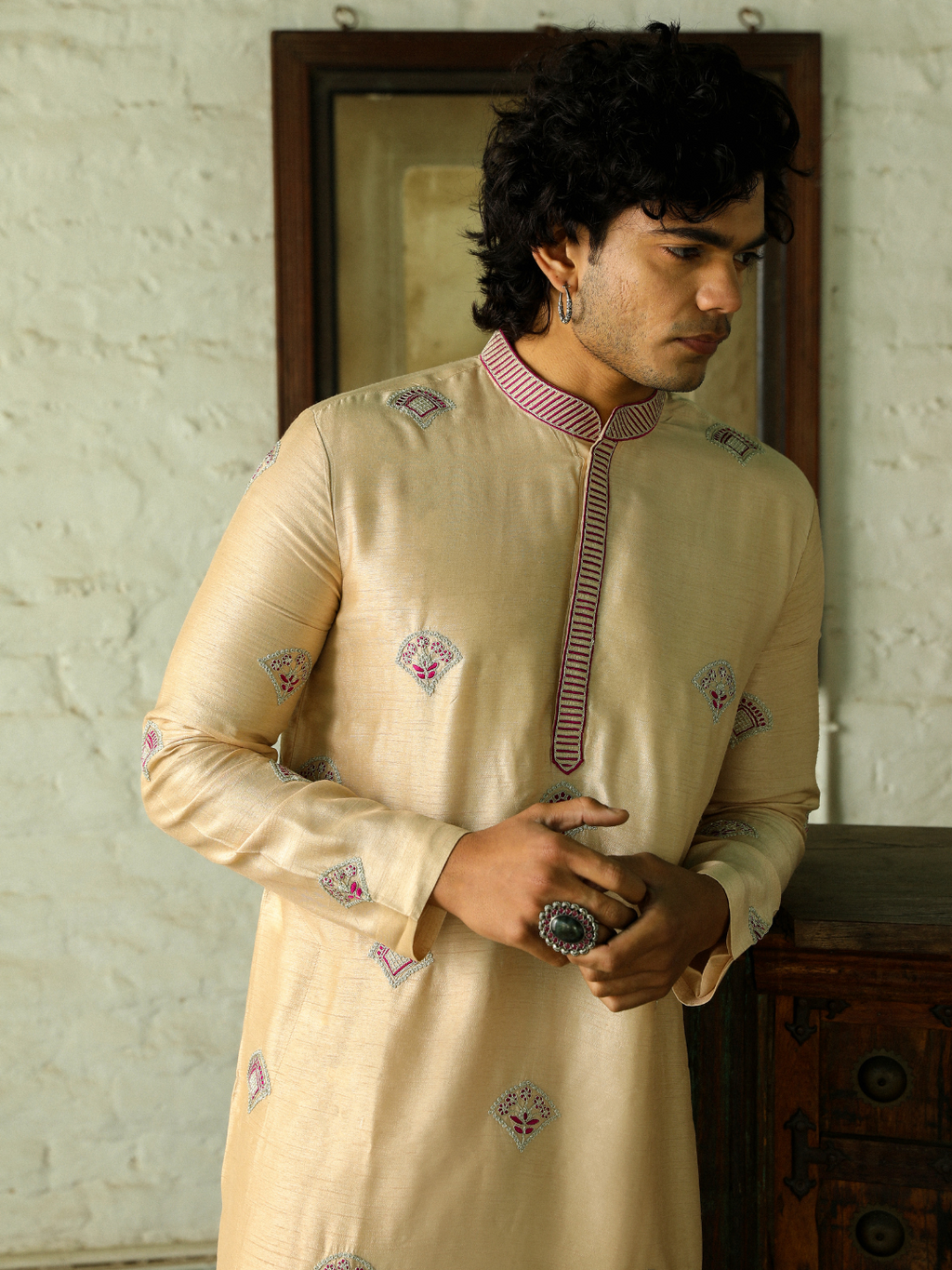 Beige Festive Wear Kurta Set at Kamakhyaa by RoohbyRidhimaa. This item is Aangan By RoohbyRidhimaa, Beige, Chinese Collar, Diwali 2024, Eid Special, Engagement, Festive Wear, Men Kurta Pant Sets, Menswear, Menswear By RoohbyRidhimaa, missing, Pants, Regular Fit, Solids, Viscose, Viscose Raw Silk, Wedding Wear