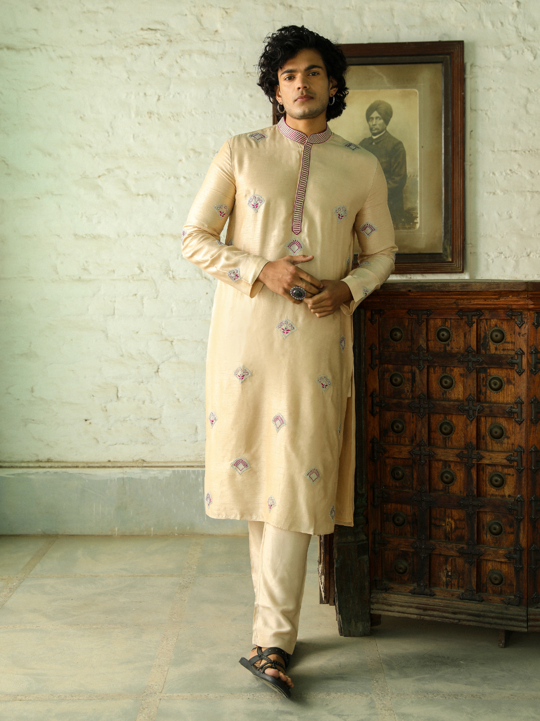 Beige Festive Wear Kurta Set at Kamakhyaa by RoohbyRidhimaa. This item is Aangan By RoohbyRidhimaa, Beige, Festive Wear, Kurta Pant Sets, Men Kurta Pant Sets, Menswear By RoohbyRidhimaa, Regular Fit, Solids, Viscose Raw Silk