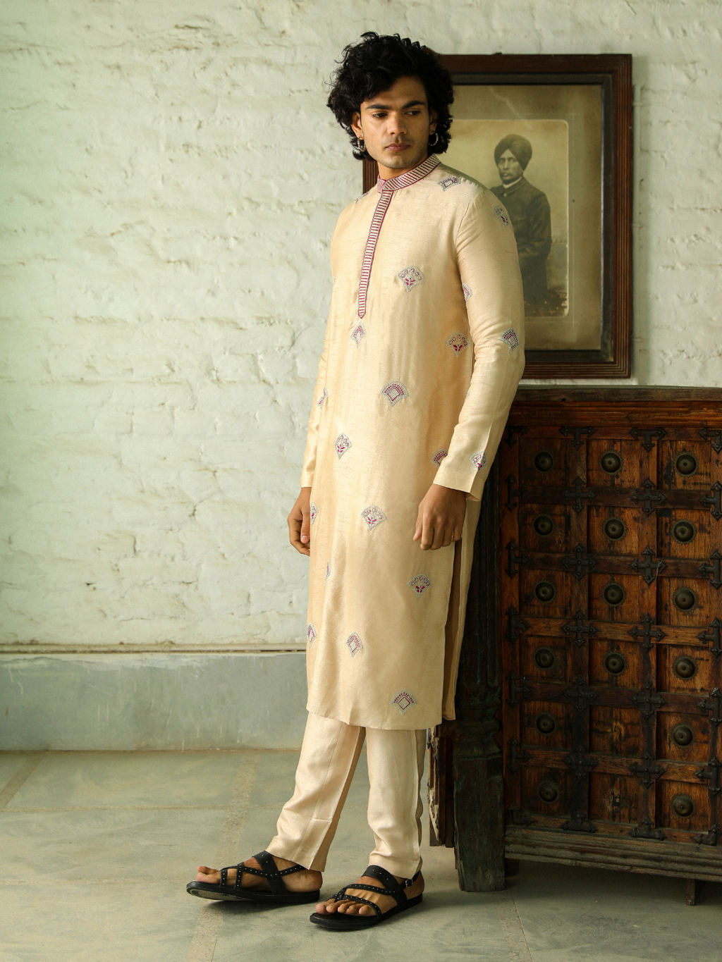 Beige Festive Wear Kurta Set at Kamakhyaa by RoohbyRidhimaa. This item is Aangan By RoohbyRidhimaa, Beige, Chinese Collar, Diwali 2024, Eid Special, Engagement, Festive Wear, Men Kurta Pant Sets, Menswear, Menswear By RoohbyRidhimaa, missing, Pants, Regular Fit, Solids, Viscose, Viscose Raw Silk, Wedding Wear
