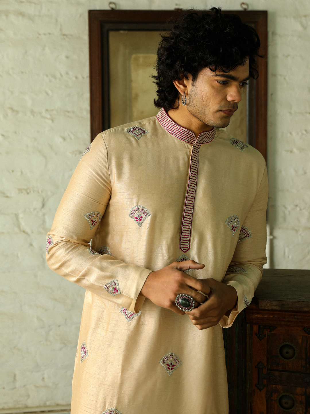 Beige Festive Wear Kurta Set at Kamakhyaa by RoohbyRidhimaa. This item is Aangan By RoohbyRidhimaa, Beige, Festive Wear, Kurta Pant Sets, Men Kurta Pant Sets, Menswear By RoohbyRidhimaa, Regular Fit, Solids, Viscose Raw Silk