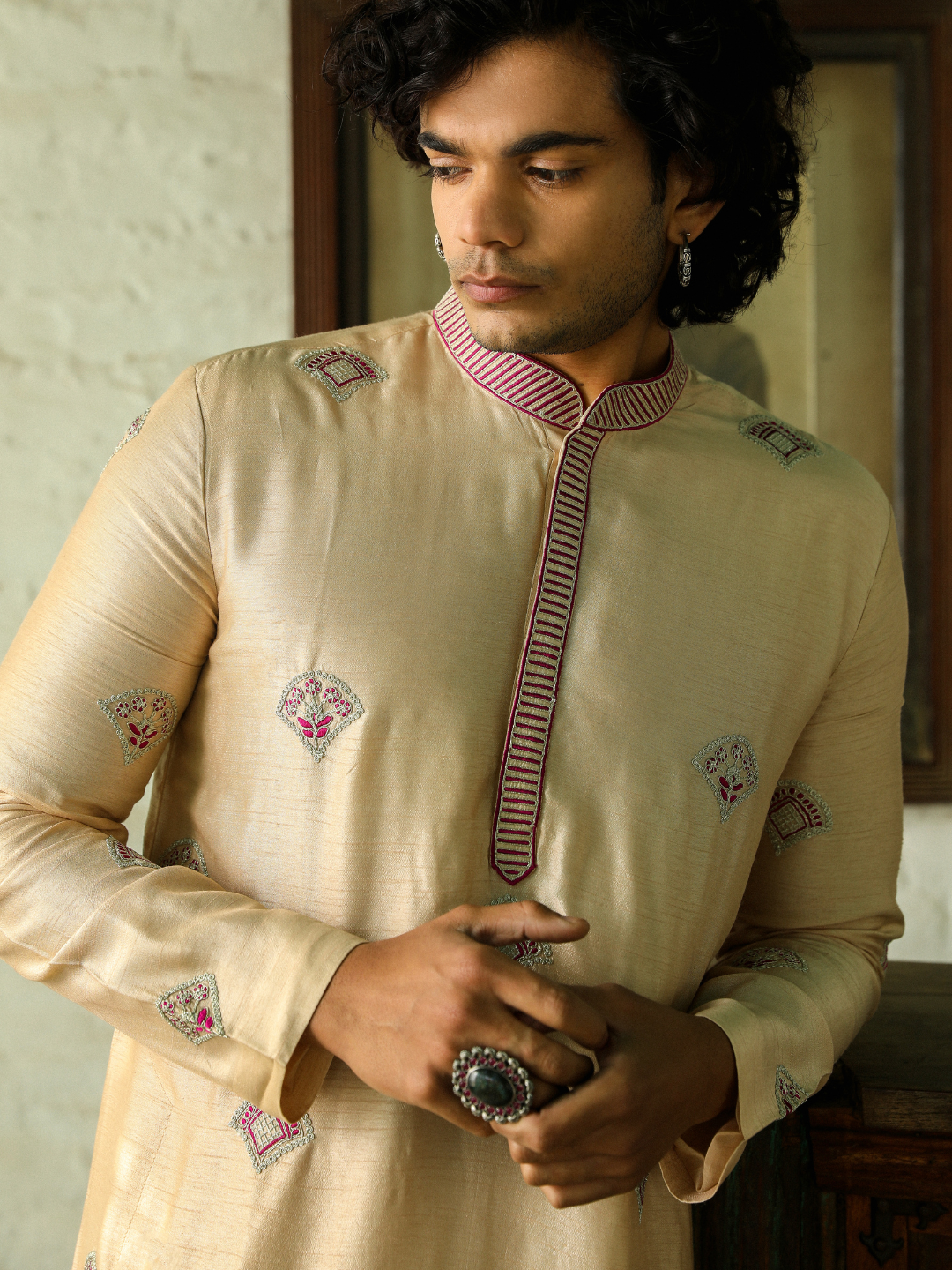 Beige Festive Wear Kurta Set at Kamakhyaa by RoohbyRidhimaa. This item is Aangan By RoohbyRidhimaa, Beige, Festive Wear, Kurta Pant Sets, Men Kurta Pant Sets, Menswear By RoohbyRidhimaa, Regular Fit, Solids, Viscose Raw Silk