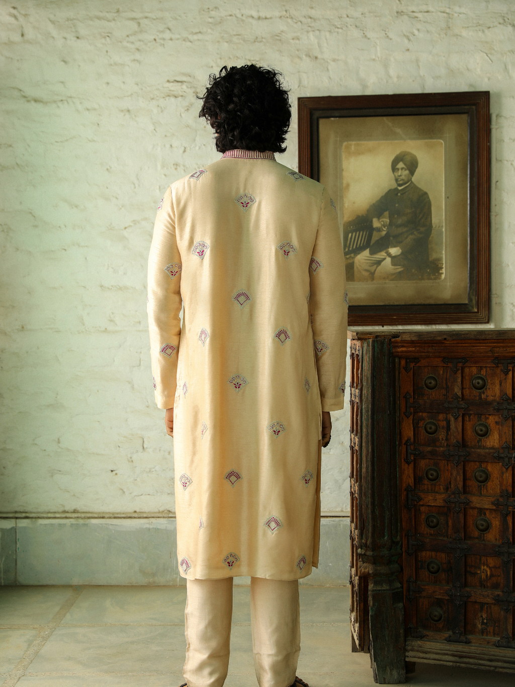 Beige Festive Wear Kurta Set at Kamakhyaa by RoohbyRidhimaa. This item is Aangan By RoohbyRidhimaa, Beige, Chinese Collar, Diwali 2024, Eid Special, Engagement, Festive Wear, Men Kurta Pant Sets, Menswear, Menswear By RoohbyRidhimaa, missing, Pants, Regular Fit, Solids, Viscose, Viscose Raw Silk, Wedding Wear