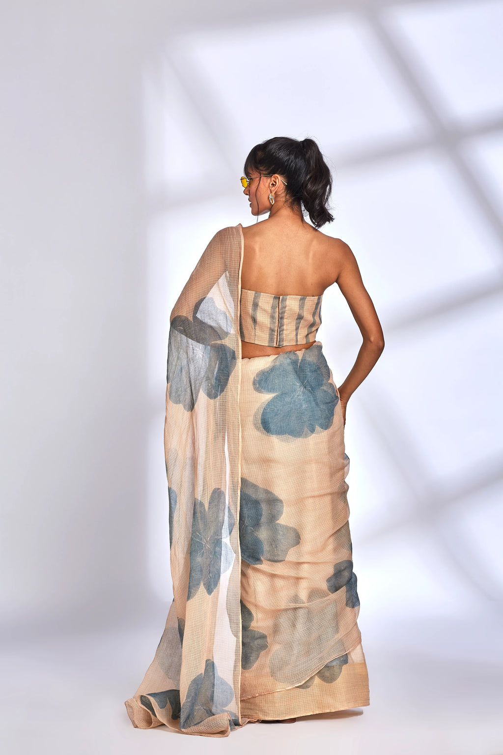 Beige Floral Print Saree with Blouse at Kamakhyaa by Hasttvam. This item is Beige, Festive Wear, Floral, Kota Doria, Natural dyes, Relaxed Fit, Respondible production and Vegan