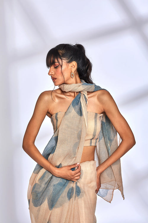 Beige Floral Print Saree with Blouse at Kamakhyaa by Hasttvam. This item is Beige, Festive Wear, Floral, Kota Doria, Natural dyes, Relaxed Fit, Respondible production and Vegan