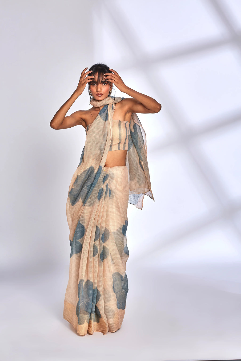 Beige Floral Print Saree with Blouse at Kamakhyaa by Hasttvam. This item is Beige, Festive Wear, Floral, Kota Doria, Natural dyes, Relaxed Fit, Respondible production and Vegan