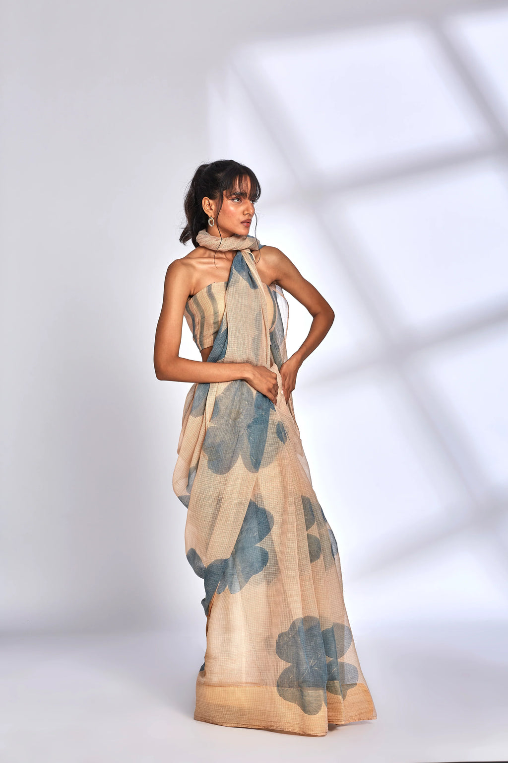 Beige Floral Print Saree with Blouse at Kamakhyaa by Hasttvam. This item is Beige, Festive Wear, Floral, Kota Doria, Natural dyes, Relaxed Fit, Respondible production and Vegan