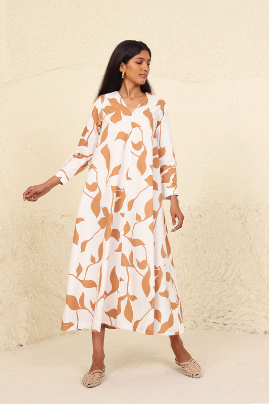 Beige Full Sleeves Cotton Midi Dress at Kamakhyaa by Kanelle. This item is Beige, Cotton Poplin, Evening Wear, Leafy Pattern, Made from Natural Materials, Midi Dresses, One by One by Kanelle, Relaxed Fit