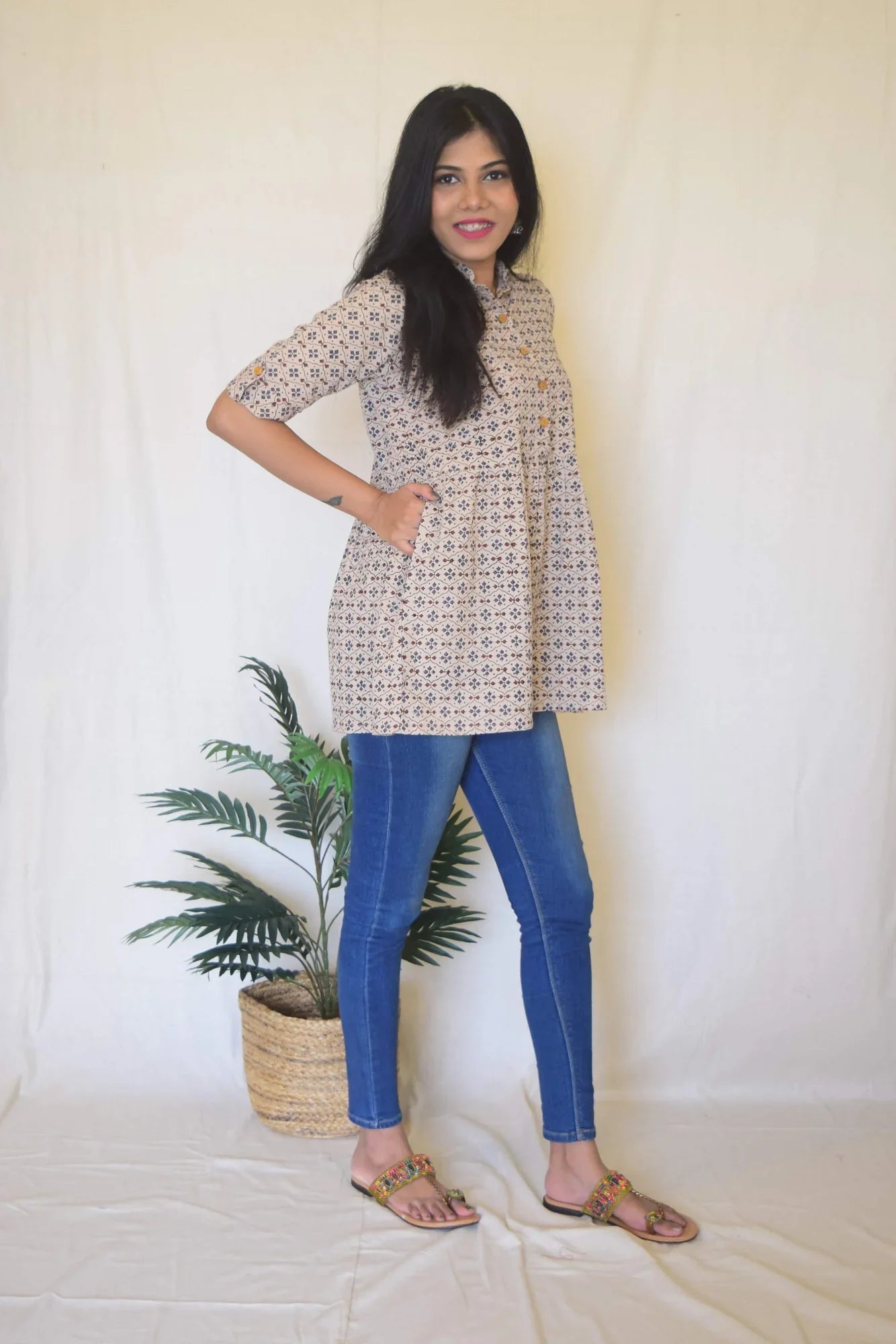 Beige Printed Cotton Top at Kamakhyaa by Hasttvam. This item is Beige, Casual Wear, Cotton, Geometric Prints, Natural dyes, Relaxed Fit, Respondible production and Vegan