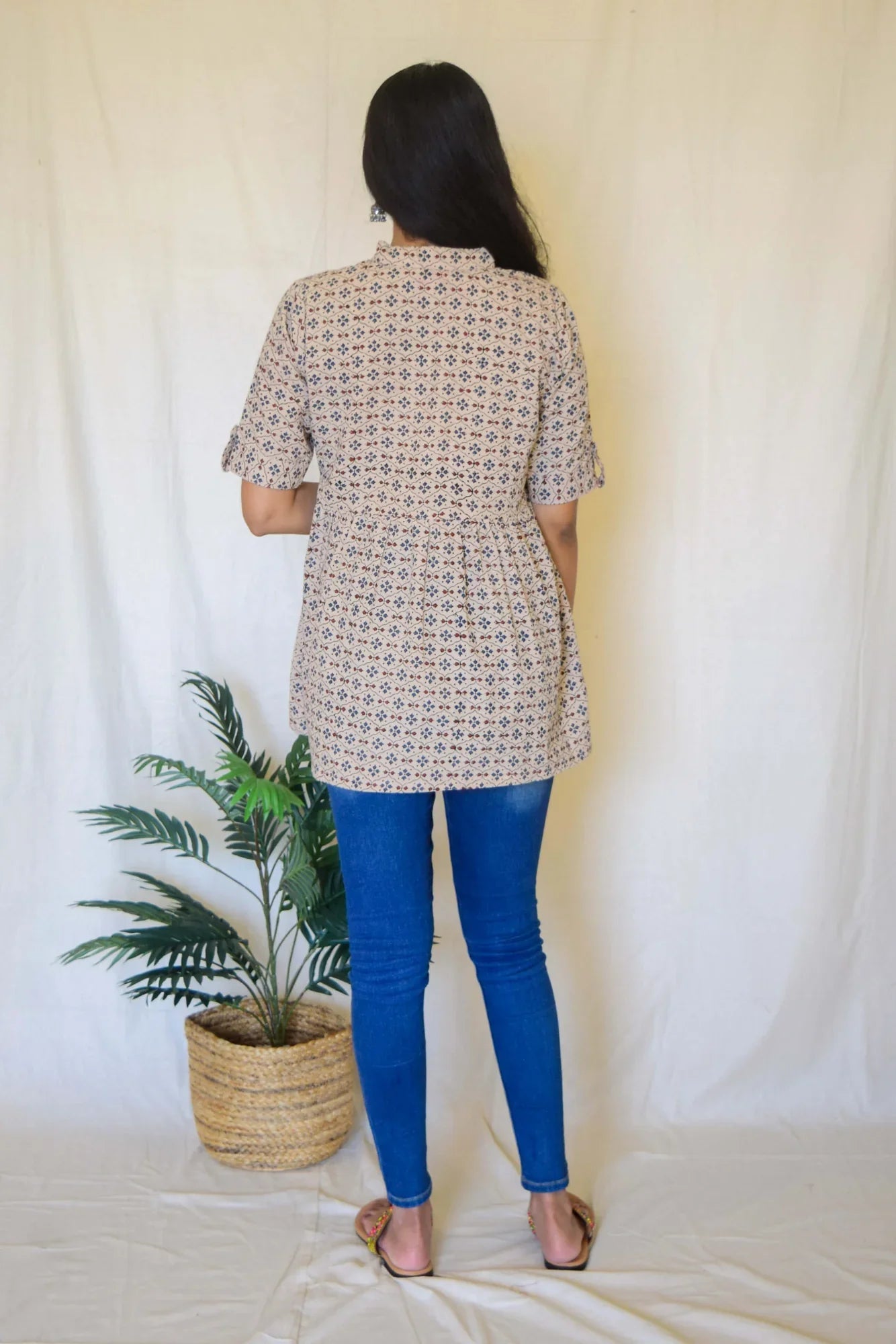 Beige Printed Cotton Top at Kamakhyaa by Hasttvam. This item is Beige, Casual Wear, Cotton, Geometric Prints, Natural dyes, Relaxed Fit, Respondible production and Vegan