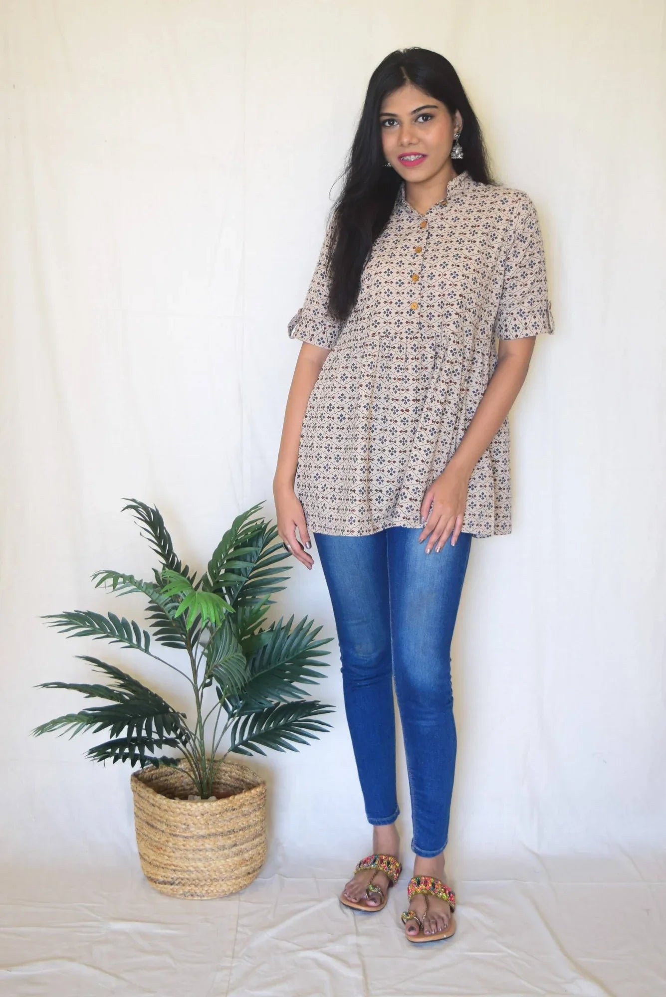 Beige Printed Cotton Top at Kamakhyaa by Hasttvam. This item is Beige, Casual Wear, Cotton, Geometric Prints, Natural dyes, Relaxed Fit, Respondible production and Vegan