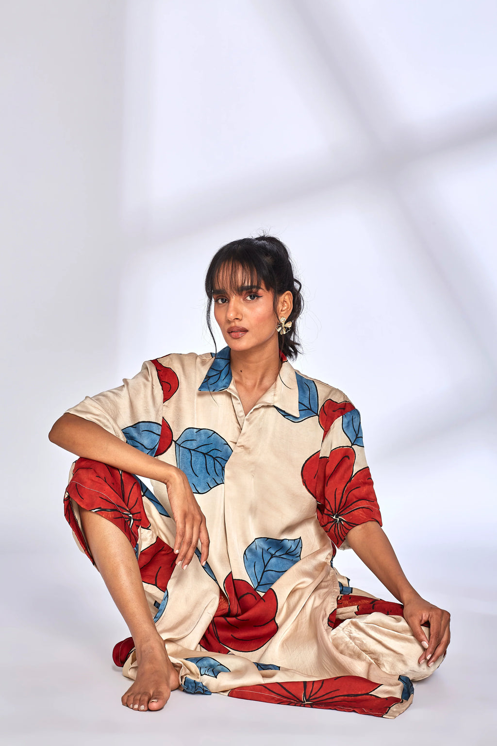 Beige Printed Kurta at Kamakhyaa by Hasttvam. This item is Festive Wear, Floral, ModalFloralFusionWhiteHandmade by artisans, Natural dyes, Relaxed Fit, Respondible production and Vegan