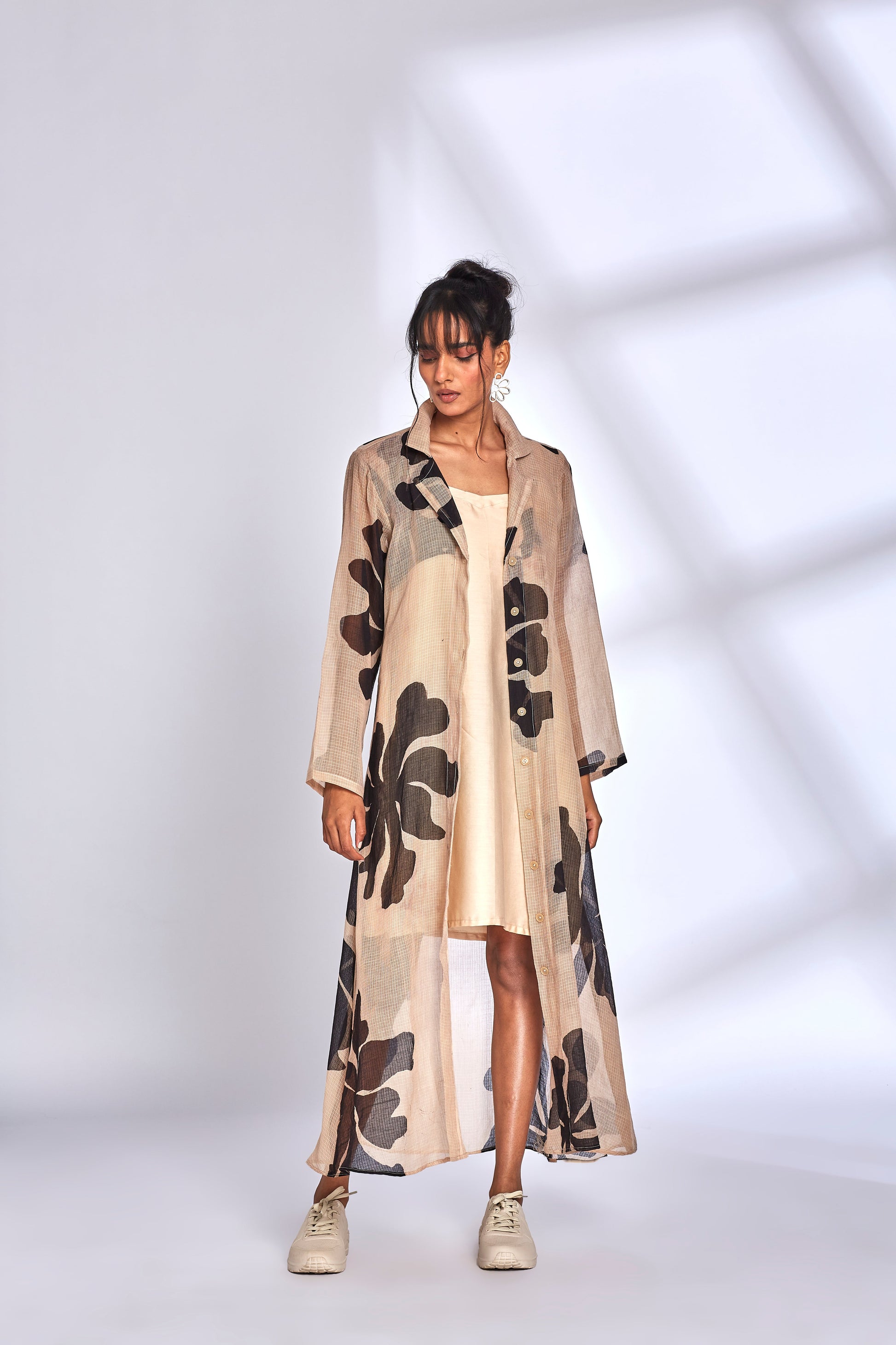 Beige Printed Long Dress at Kamakhyaa by Hasttvam. This item is Beige, Floral, Fusion Wear, Kota Doria, Natural dyes, Relaxed Fit, Respondible production and Vegan