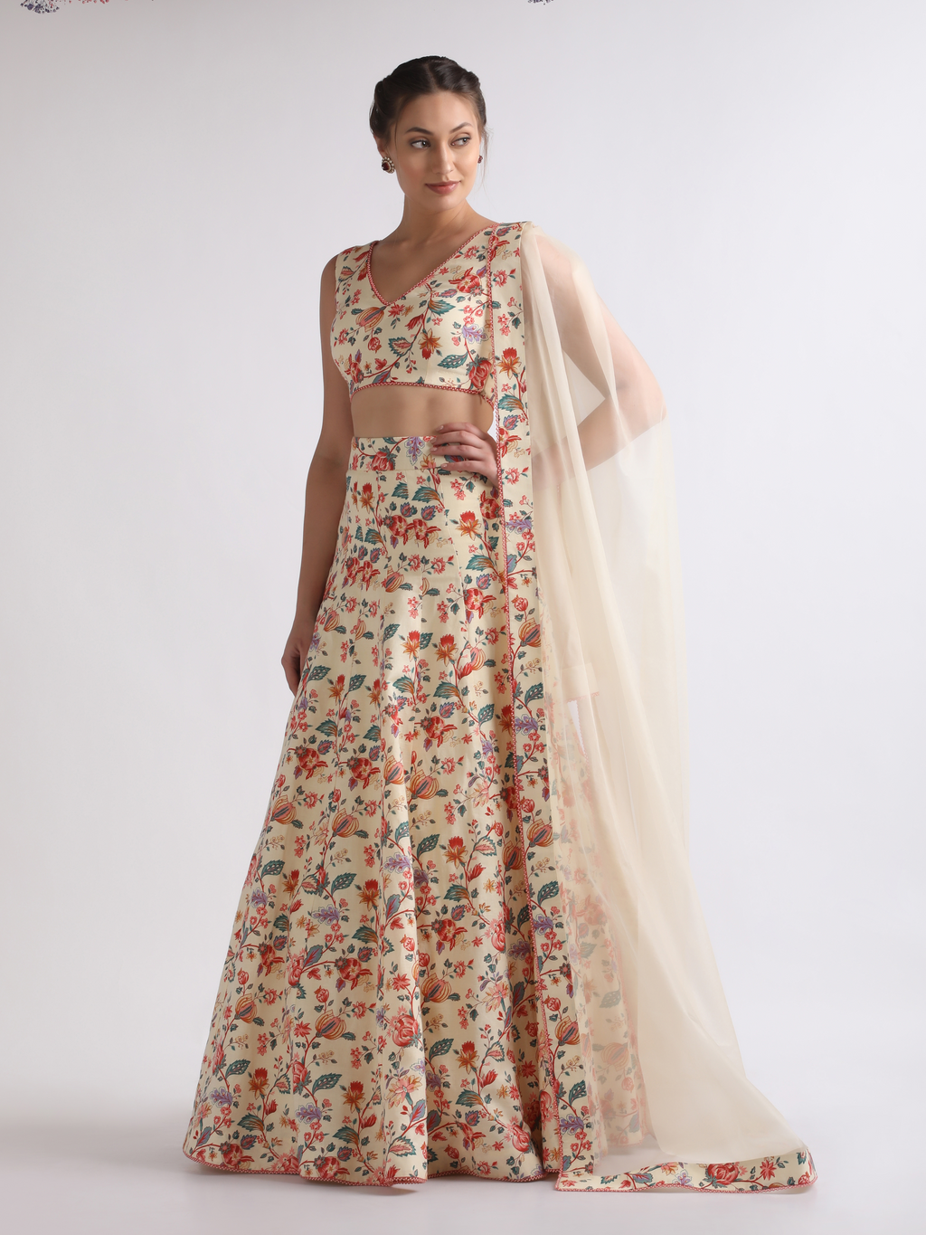 Beige Printed Organza Lehenga Set at Kamakhyaa by RoohbyRidhimaa. This item is 100% Linen, Beige, Cotton Voil, Festive Wear, Free Size, Lehenga Sets, Printed, Silk Organza, Toxin free