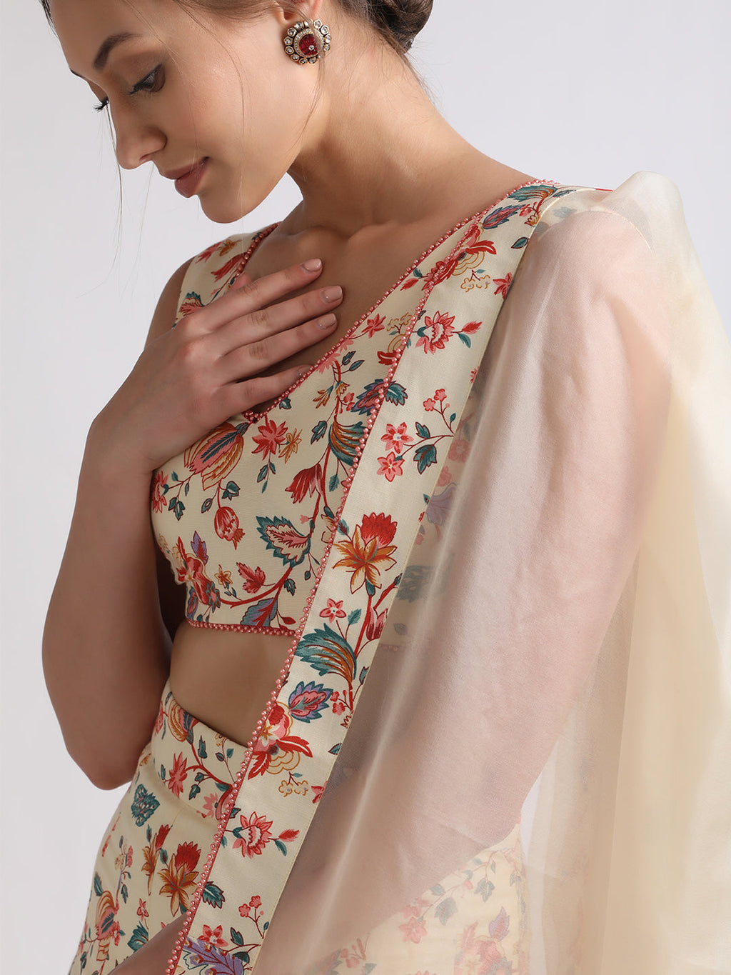 Beige Printed Organza Lehenga Set at Kamakhyaa by RoohbyRidhimaa. This item is 100% Linen, Beige, Cotton Voil, Festive Wear, Free Size, Lehenga Sets, Printed, Silk Organza, Toxin free