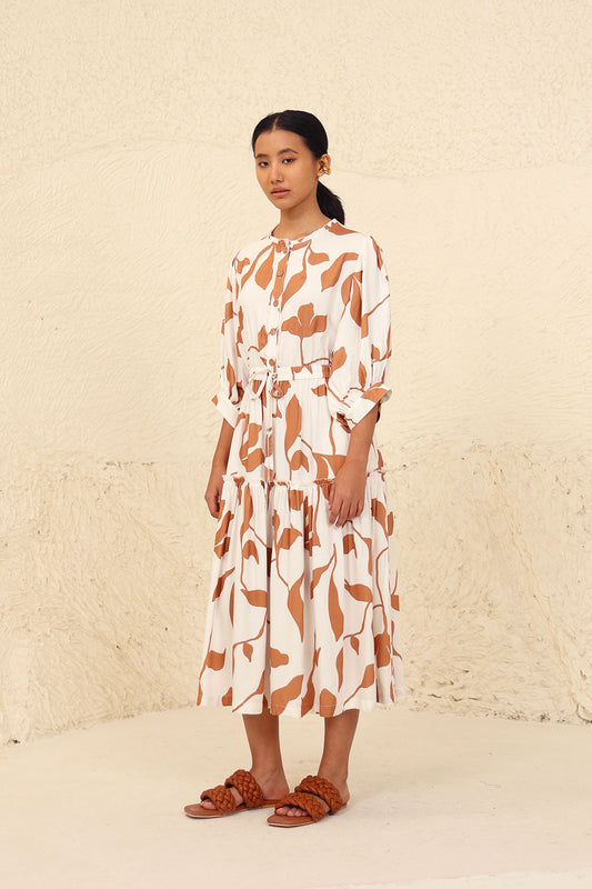 Beige Puff Sleeve Midi Dress at Kamakhyaa by Kanelle. This item is Beige, Evening Wear, Leafy Pattern, Made from Natural Materials, Midi Dresses, One by One by Kanelle, Relaxed Fit, Tencel Twill