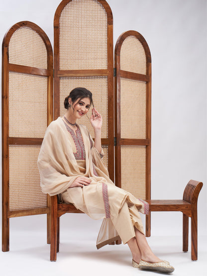 Beige Resham Embroidered Kurta Set with Dupatta at Kamakhyaa by RoohbyRidhimaa. This item is Beige, Casual Wear, Chanderi, Cotton, Dupattas, Embroidered, Kurta Set with Dupattas, Kurta Sets, Organza, Relaxed Fit, Resham, Resham Embroidered, Toxin free, Zari Embroidered