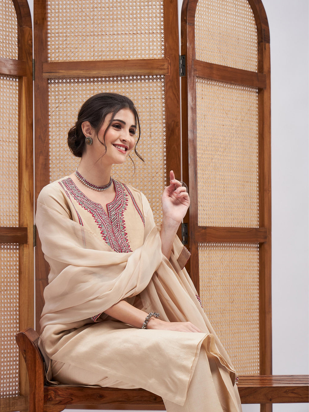 Beige Resham Embroidered Kurta Set with Dupatta at Kamakhyaa by RoohbyRidhimaa. This item is Beige, Casual Wear, Chanderi, Cotton, Dupattas, Embroidered, Kurta Set with Dupattas, Kurta Sets, Organza, Relaxed Fit, Resham, Resham Embroidered, Toxin free, Zari Embroidered