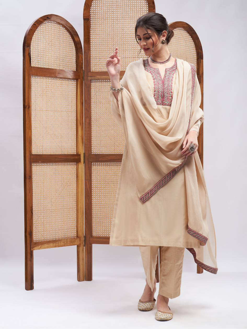 Beige Resham Embroidered Kurta Set with Dupatta at Kamakhyaa by RoohbyRidhimaa. This item is Beige, Casual Wear, Chanderi, Cotton, Dupattas, Embroidered, Kurta Set with Dupattas, Kurta Sets, Organza, Relaxed Fit, Resham, Resham Embroidered, Toxin free, Zari Embroidered