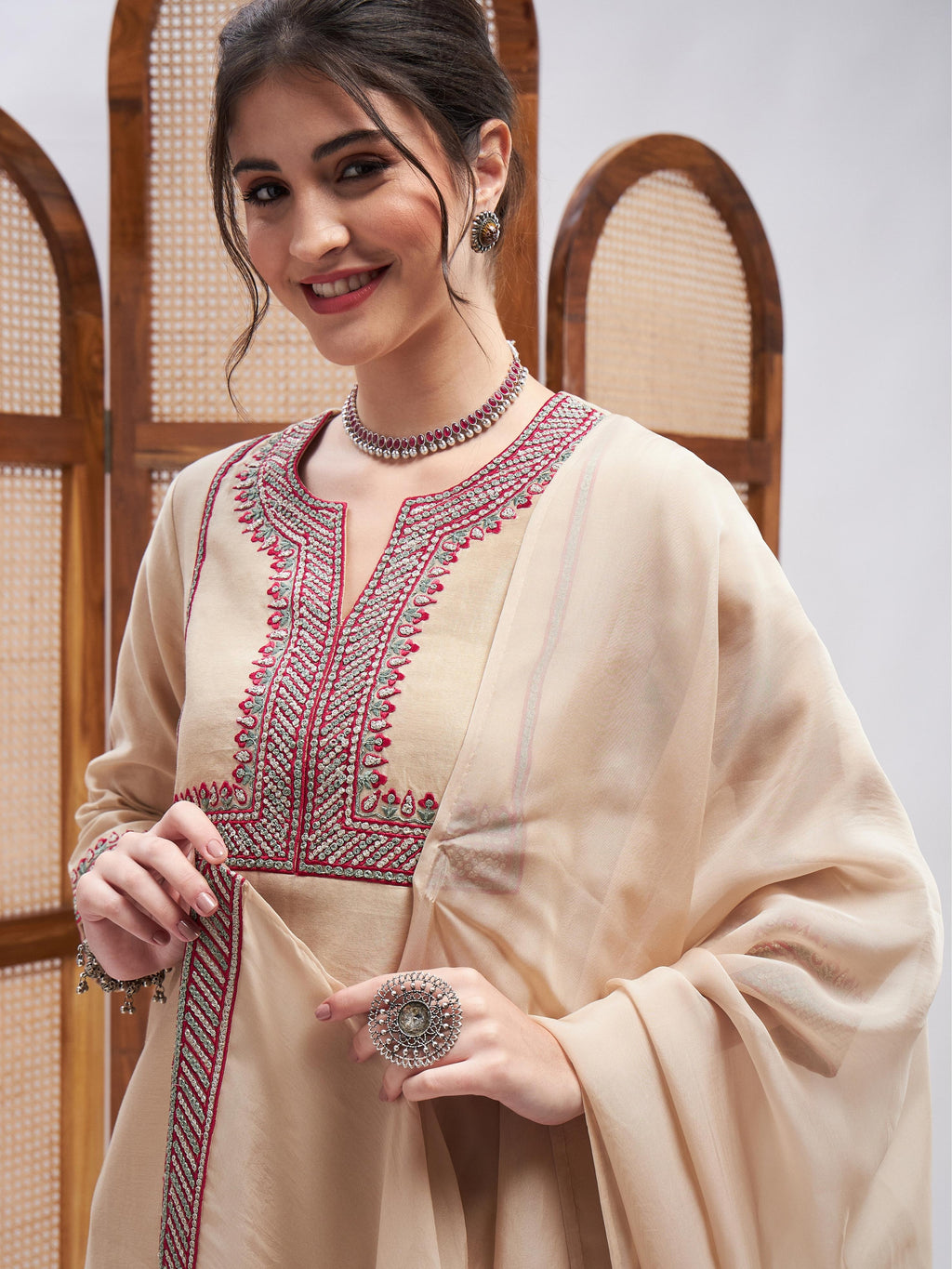 Beige Resham Embroidered Kurta Set with Dupatta at Kamakhyaa by RoohbyRidhimaa. This item is Beige, Casual Wear, Chanderi, Cotton, Dupattas, Embroidered, Kurta Set with Dupattas, Kurta Sets, Organza, Relaxed Fit, Resham, Resham Embroidered, Toxin free, Zari Embroidered