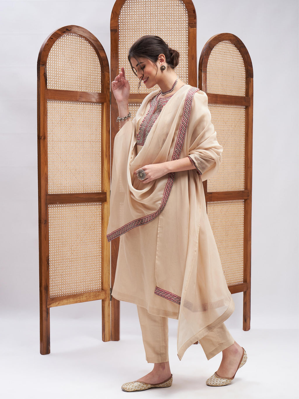 Beige Resham Embroidered Kurta Set with Dupatta at Kamakhyaa by RoohbyRidhimaa. This item is Beige, Casual Wear, Chanderi, Cotton, Dupattas, Embroidered, Kurta Set with Dupattas, Kurta Sets, Organza, Relaxed Fit, Resham, Resham Embroidered, Toxin free, Zari Embroidered