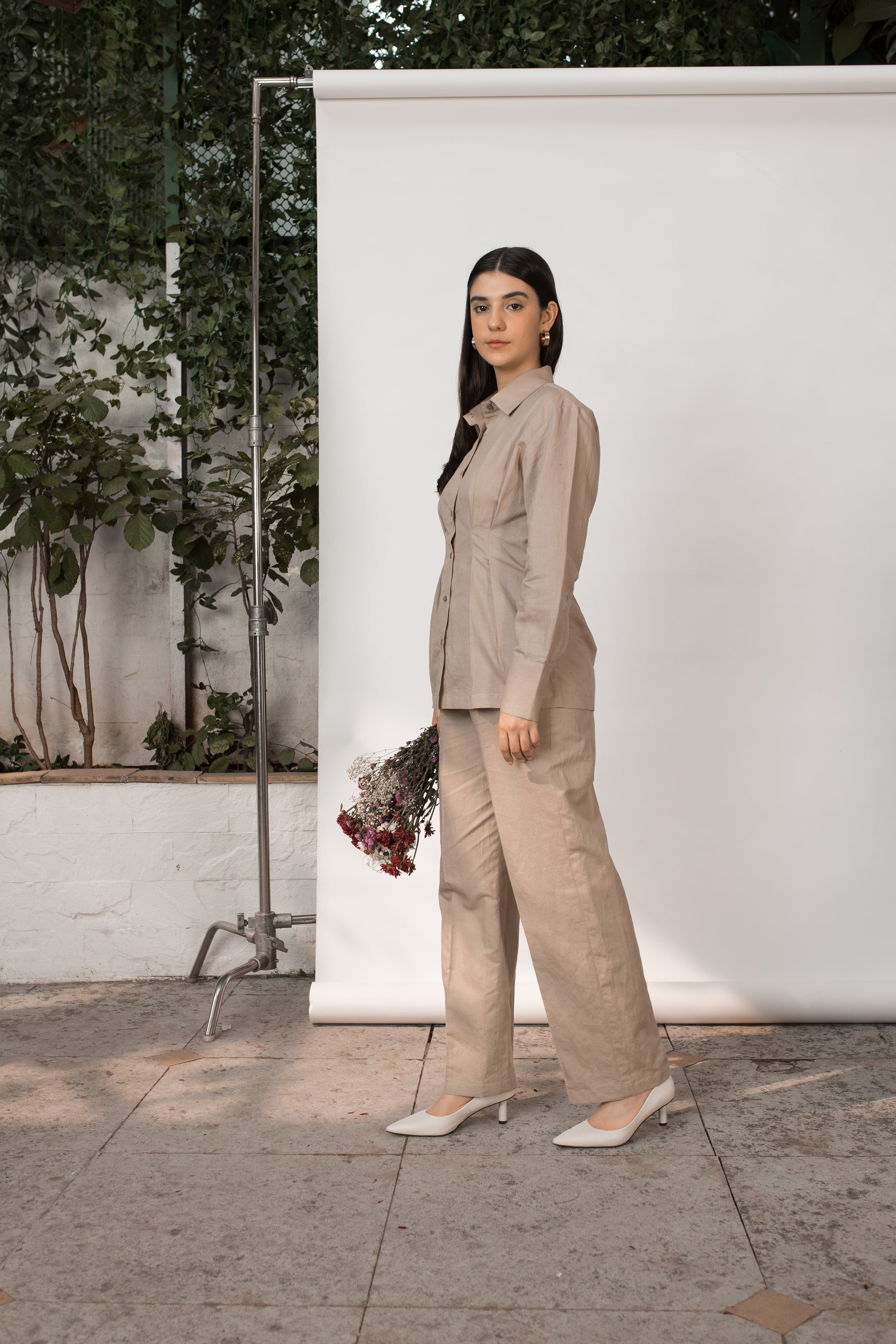 Beige Shirt with Pleats at kamakhyaa.com by Anushé Pirani. This item is Beige, Birthday Collection, Casual Wear, Console Collection List, Cotton, Hemp, Nostalgic Whispers by Anushe Pirani, Office Formals, Pleats, Review September 2025, Shirt, Shirts, Slim Fit, Womenswear