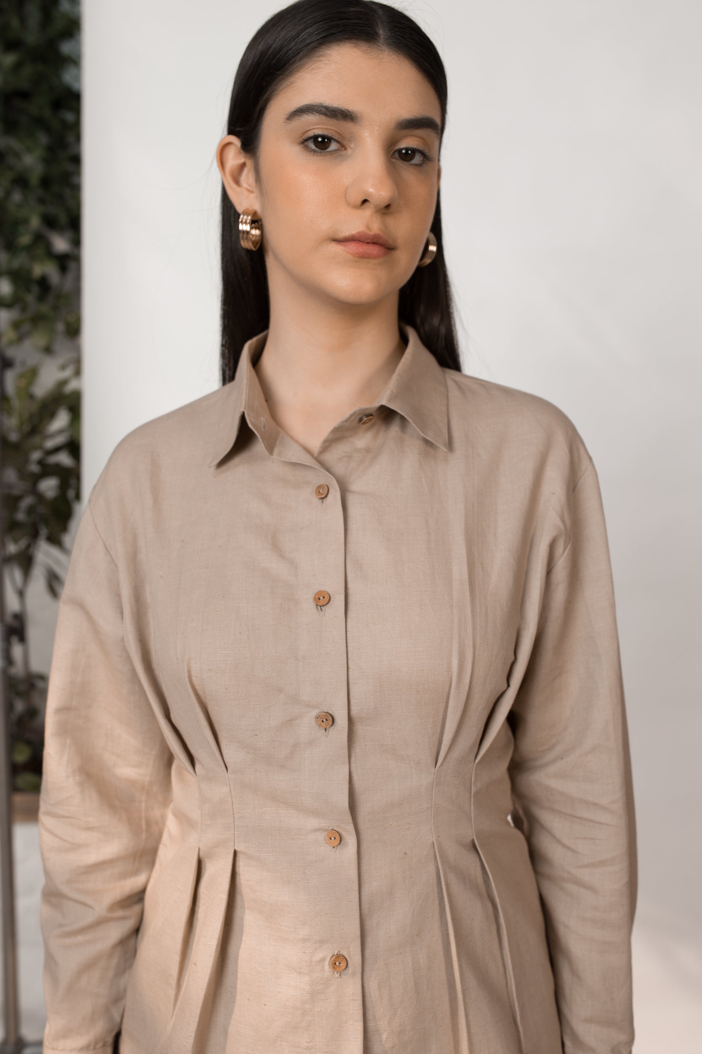 Beige Shirt with Pleats at kamakhyaa.com by Anushé Pirani. This item is Beige, Birthday Collection, Casual Wear, Console Collection List, Cotton, Hemp, Nostalgic Whispers by Anushe Pirani, Office Formals, Pleats, Review September 2025, Shirt, Shirts, Slim Fit, Womenswear