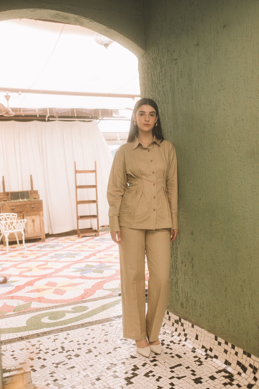 Beige Shirt with Pleats at kamakhyaa.com by Anushé Pirani. This item is Beige, Birthday Collection, Casual Wear, Console Collection List, Cotton, Hemp, Nostalgic Whispers by Anushe Pirani, Office Formals, Pleats, Review September 2025, Shirt, Shirts, Slim Fit, Womenswear