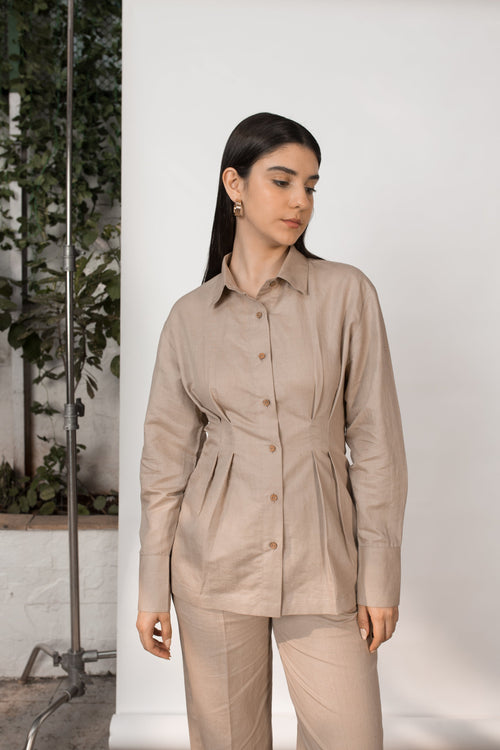 Beige Shirt with Pleats at kamakhyaa.com by Anushé Pirani. This item is Beige, Birthday Collection, Casual Wear, Console Collection List, Cotton, Hemp, Nostalgic Whispers by Anushe Pirani, Office Formals, Pleats, Review September 2025, Shirt, Shirts, Slim Fit, Womenswear