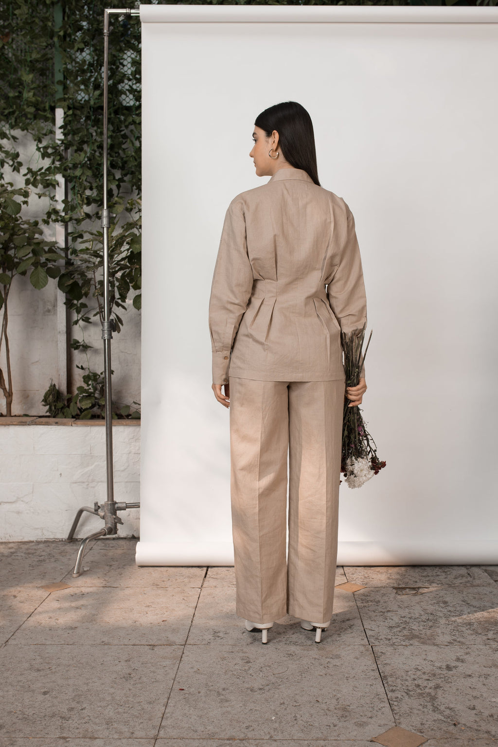 Beige Shirt with Pleats at kamakhyaa.com by Anushé Pirani. This item is Beige, Birthday Collection, Casual Wear, Console Collection List, Cotton, Hemp, Nostalgic Whispers by Anushe Pirani, Office Formals, Pleats, Review September 2025, Shirt, Shirts, Slim Fit, Womenswear
