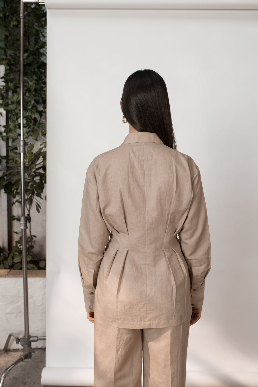 Beige Shirt with Pleats at kamakhyaa.com by Anushé Pirani. This item is Beige, Birthday Collection, Casual Wear, Console Collection List, Cotton, Hemp, Nostalgic Whispers by Anushe Pirani, Office Formals, Pleats, Review September 2025, Shirt, Shirts, Slim Fit, Womenswear