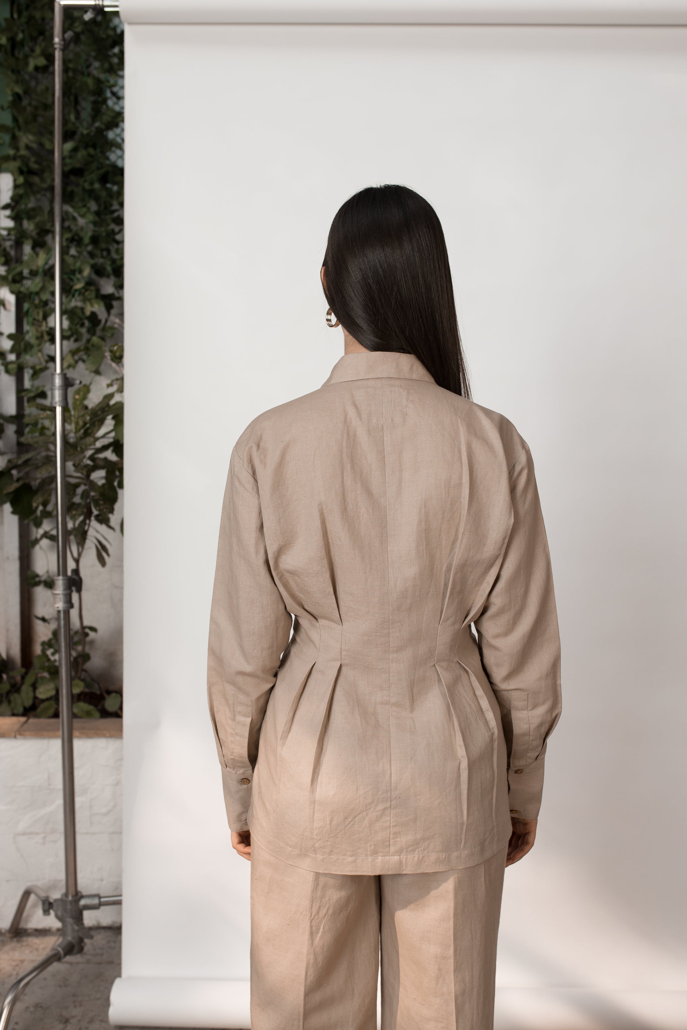 Beige Shirt with Pleats at kamakhyaa.com by Anushé Pirani. This item is Beige, Birthday Collection, Casual Wear, Console Collection List, Cotton, Hemp, Nostalgic Whispers by Anushe Pirani, Office Formals, Pleats, Review September 2025, Shirt, Shirts, Slim Fit, Womenswear