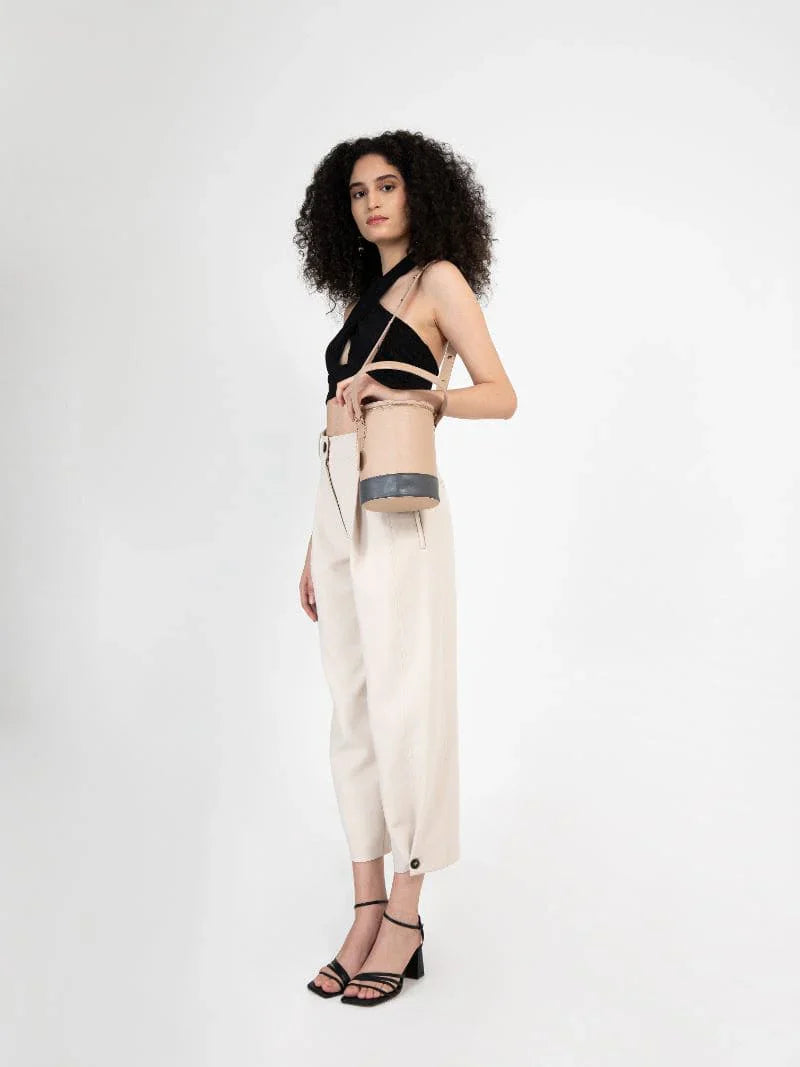 Beige Solid Bucket Bag at Kamakhyaa by Green Hermitage. This item is Apple Leather, Beige, Bucket Bags, Casual Wear, Free Size, Hemp, Lyocell, Recycled, Solids