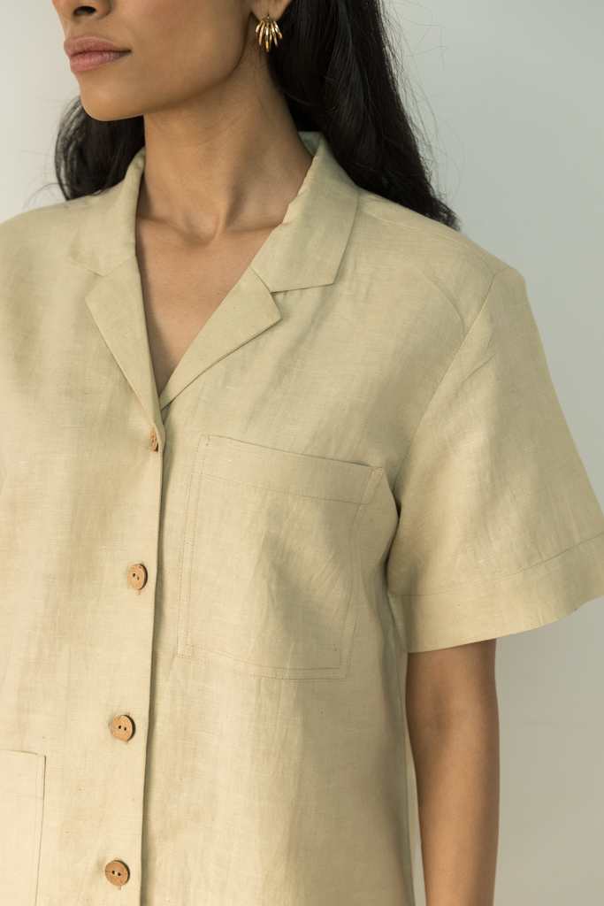 Beige Solid Cotton Shirt at kamakhyaa.com by Anushé Pirani. This item is Beige, Casual Wear, Console Collection List, Cotton, Handwoven, Hemp, Relaxed Fit, Shibumi by Anushe Pirani, Shirt, Shirts, Solids, Womenswear