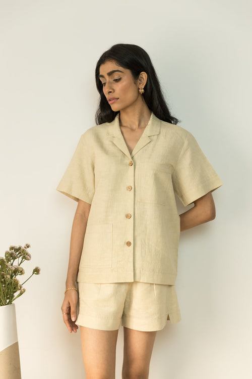 Beige Solid Cotton Shirt at kamakhyaa.com by Anushé Pirani. This item is Beige, Casual Wear, Console Collection List, Cotton, Handwoven, Hemp, Relaxed Fit, Shibumi by Anushe Pirani, Shirt, Shirts, Solids, Womenswear